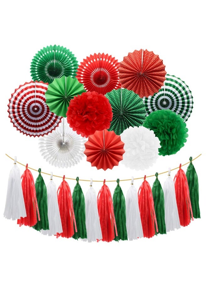 Mordely Red Green White Hanging Paper Fans Pom Poms Flowers Tissue Tassel Garland for Graduations. Patrick's Day Party Decorations - Image 1